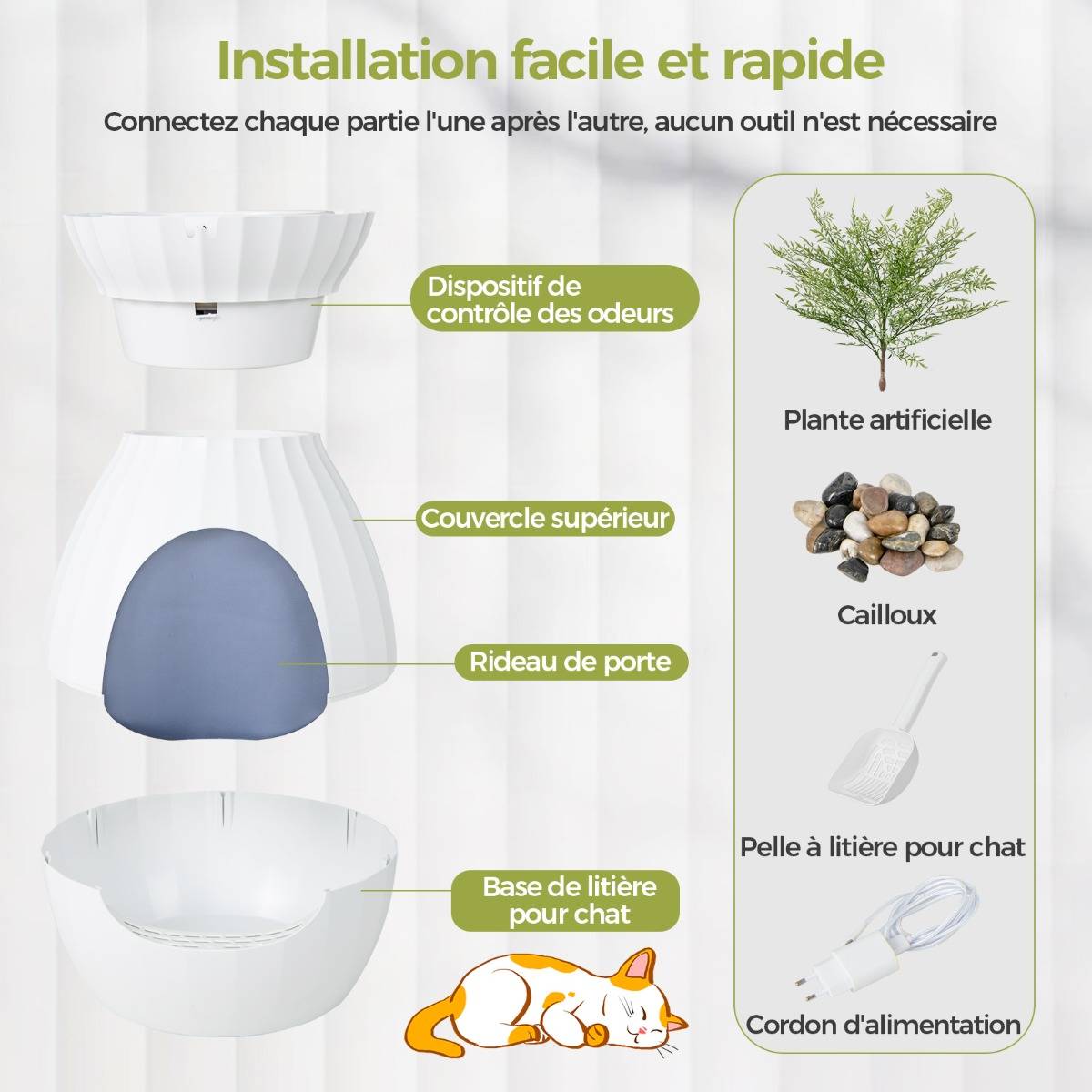 Bac à Litière pour Chat 63L - Désodorisation Désinfection Intelligentes - Plante Artificielle Galets Rideau de Porte Pelle Blanc - Image 9