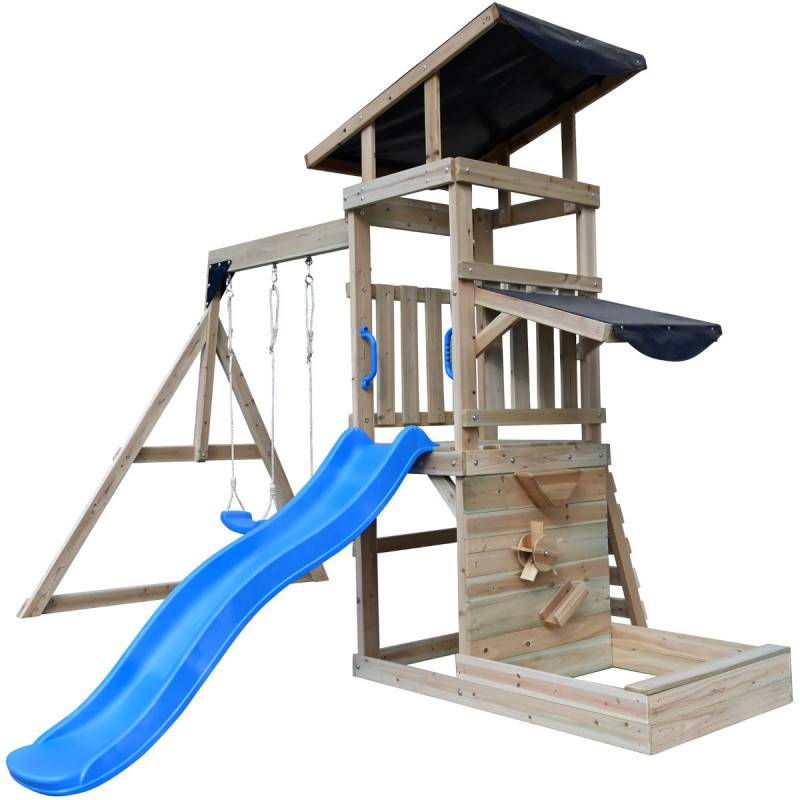 Abracadaprout - Aire de jeux extérieure bois thermo-traité Sagaz avec balançoires et toboggan bleu Abracadaprout - Image 4
