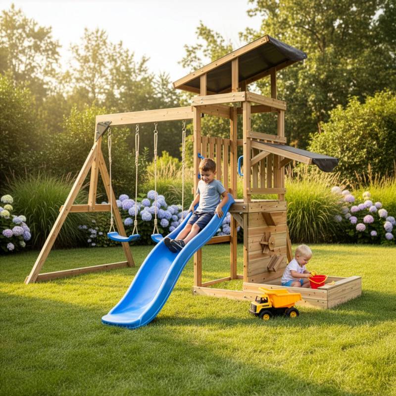 Abracadaprout - Aire de jeux extérieure bois thermo-traité Sagaz avec balançoires et toboggan bleu Abracadaprout - Image 1