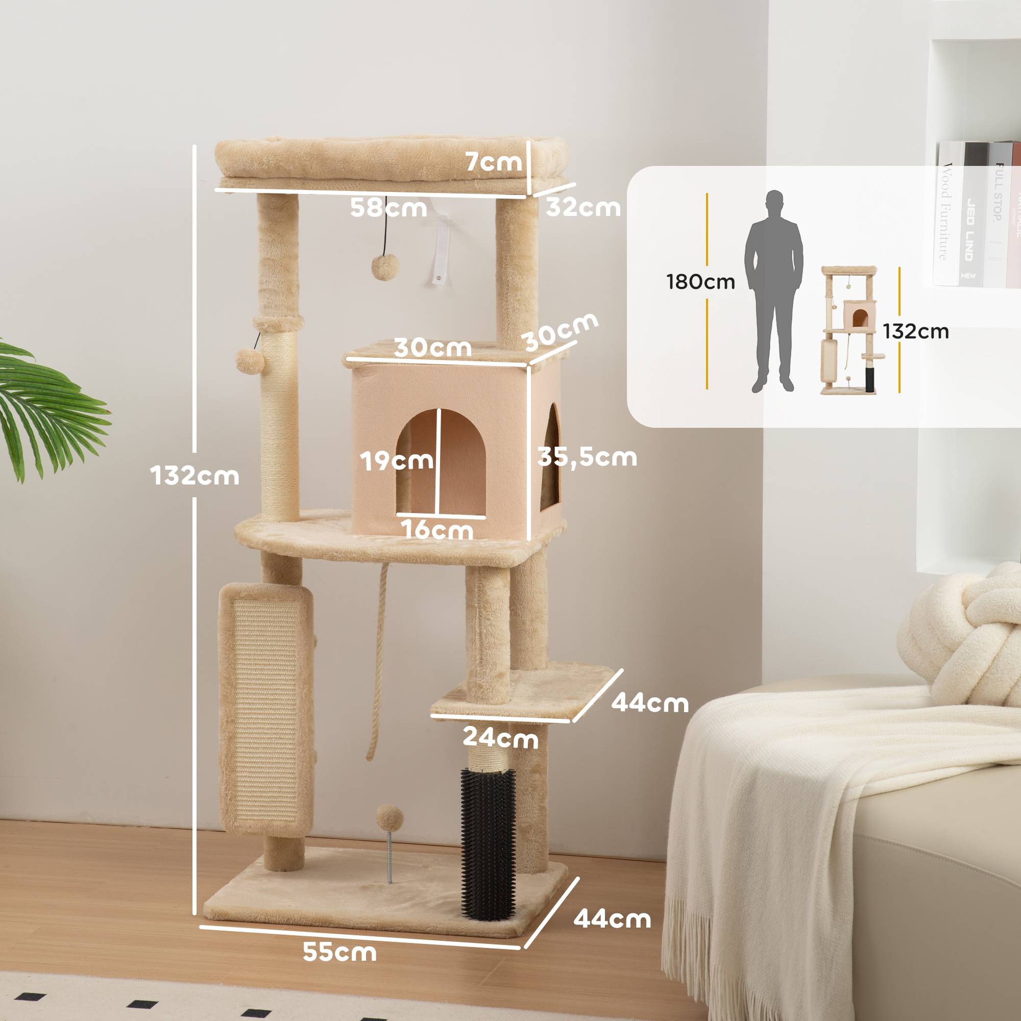 Sans Marque - Arbre à chat beige 132 cm avec plateformes, brosse et tapis à griffer - Image 5