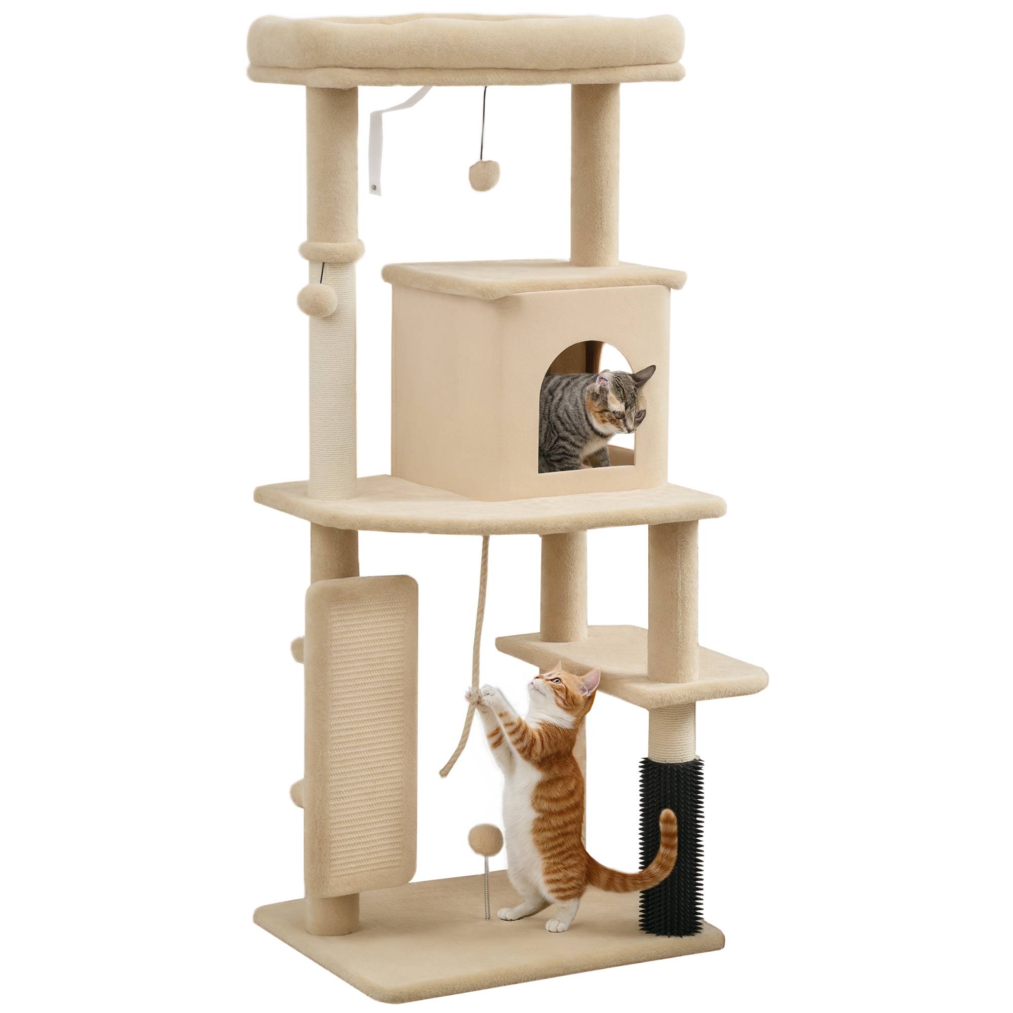 Sans Marque - Arbre à chat beige 132 cm avec plateformes, brosse et tapis à griffer - Image 1