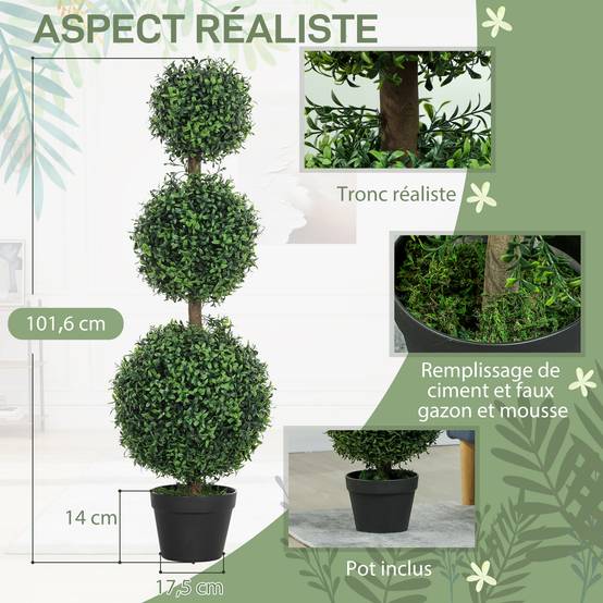 Lot de 2 arbres artificiels 101,6 cm 3 boules de buis topiaires fausse plante PE avec pot intérieur et extérieur - Image 6