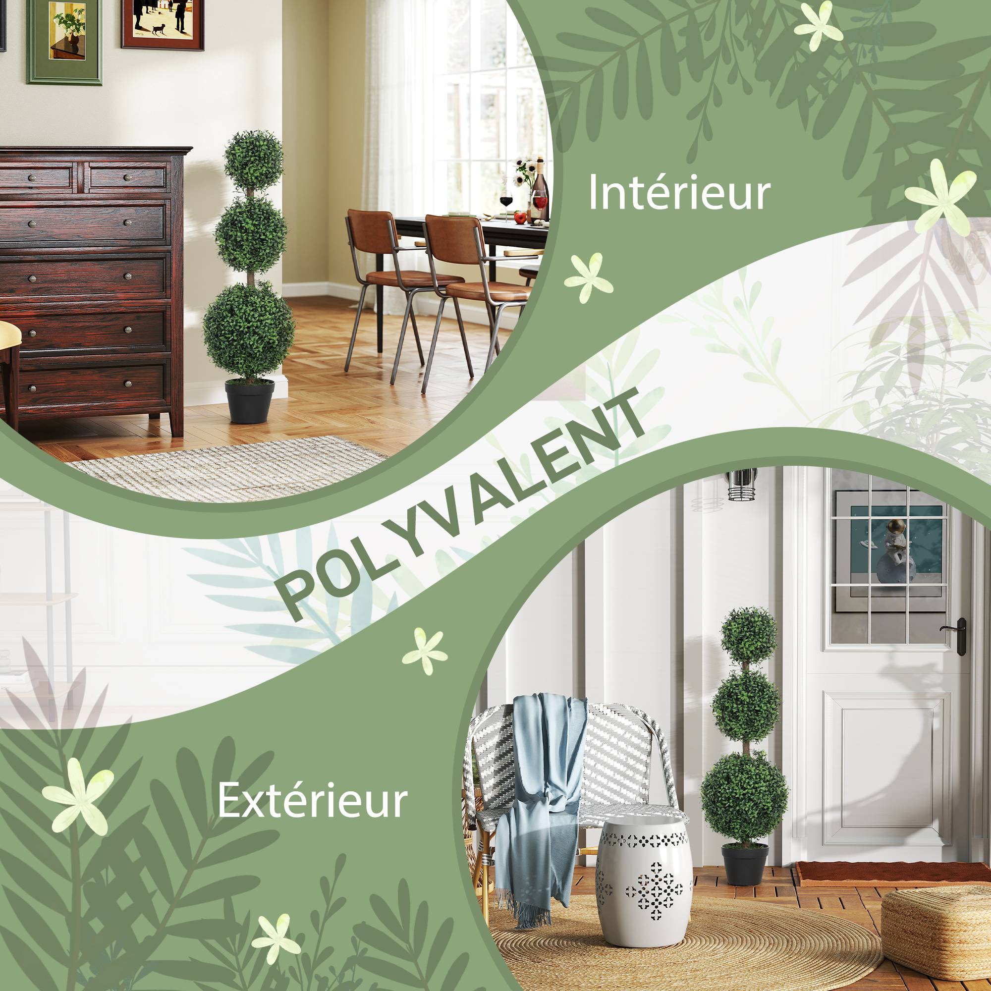 Lot de 2 arbres artificiels 101,6 cm 3 boules de buis topiaires fausse plante PE avec pot intérieur et extérieur - Image 7