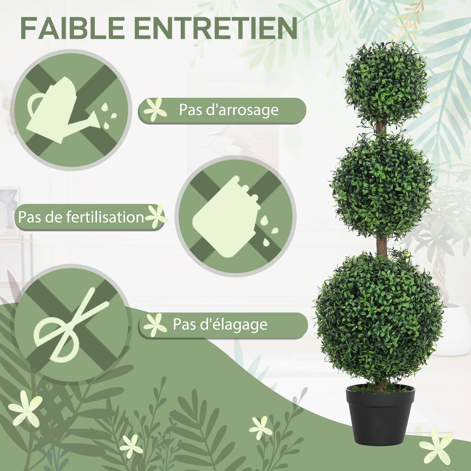 Lot de 2 arbres artificiels 101,6 cm 3 boules de buis topiaires fausse plante PE avec pot intérieur et extérieur - Image 8