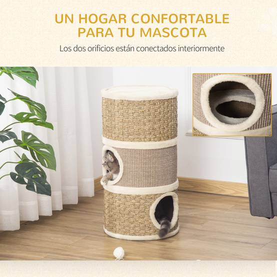 Tonneau Griffoir pour Chat 3 Niveaux en Sisal et Jonc de Mer Niche et Lit Ø37,5x70 cm - ComfortXL Outdoor Living - Image 6