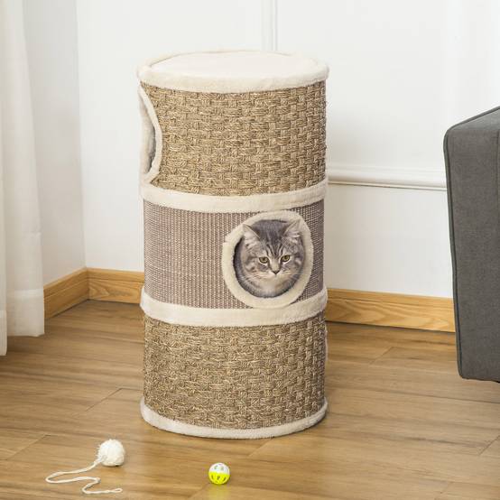 Tonneau Griffoir pour Chat 3 Niveaux en Sisal et Jonc de Mer Niche et Lit Ø37,5x70 cm - ComfortXL Outdoor Living - Image 3