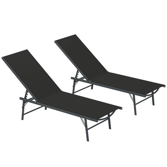 Lot de 2 bain de soleil chaise longue pliante textilène transat - 164x54x84cm Métal Noir fr67 - Image 1