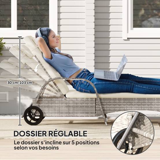 Lot de 2 bain de soleil chaise longue pliante textilène transat - 164x54x84cm Métal Noir fr67 - Image 7