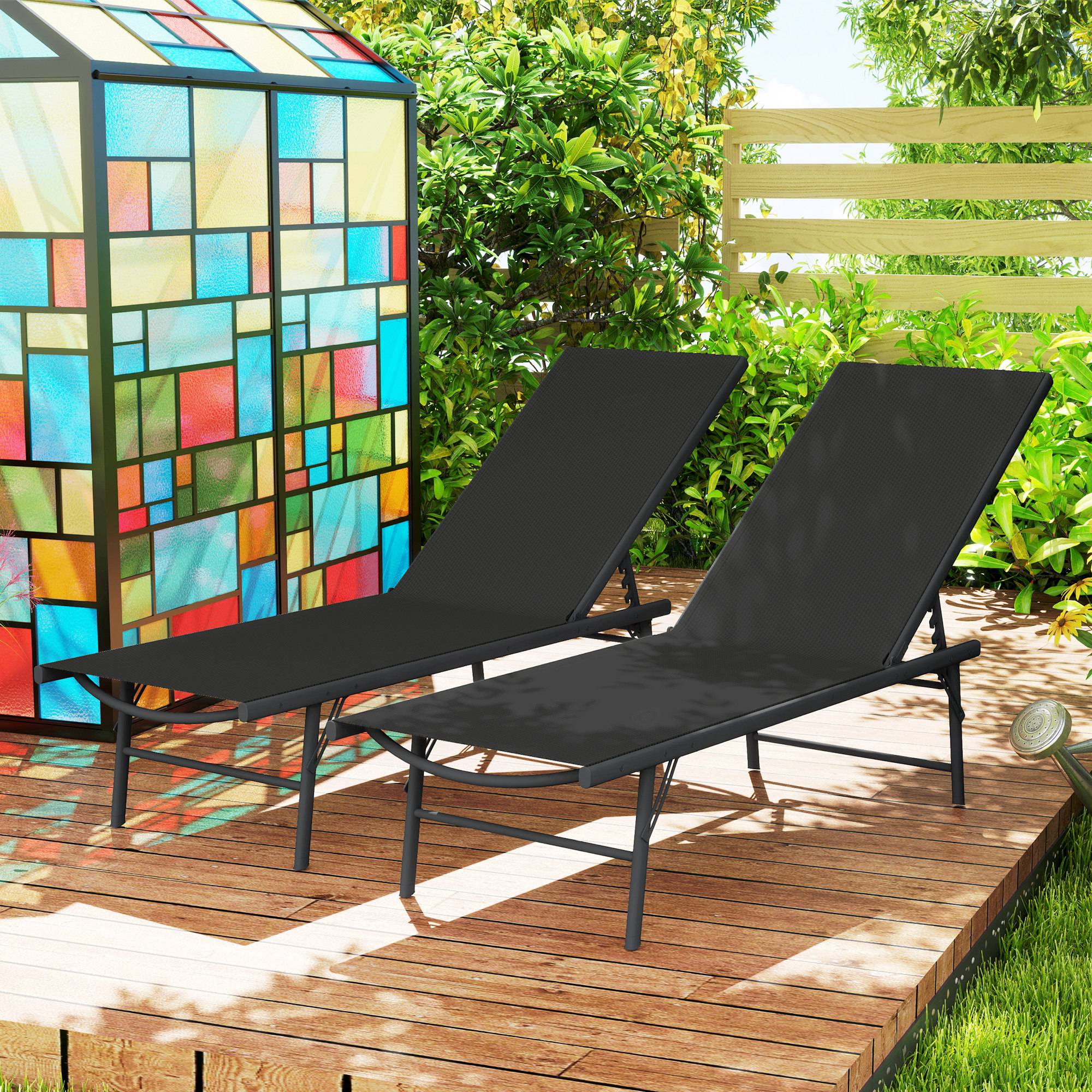 Lot de 2 bain de soleil chaise longue pliante textilène transat - 164x54x84cm Métal Noir fr67 - Image 4