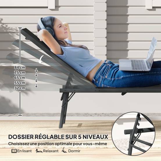 Lot de 2 bain de soleil chaise longue pliante textilène transat - 164x54x84cm Métal Noir fr67 - Image 6
