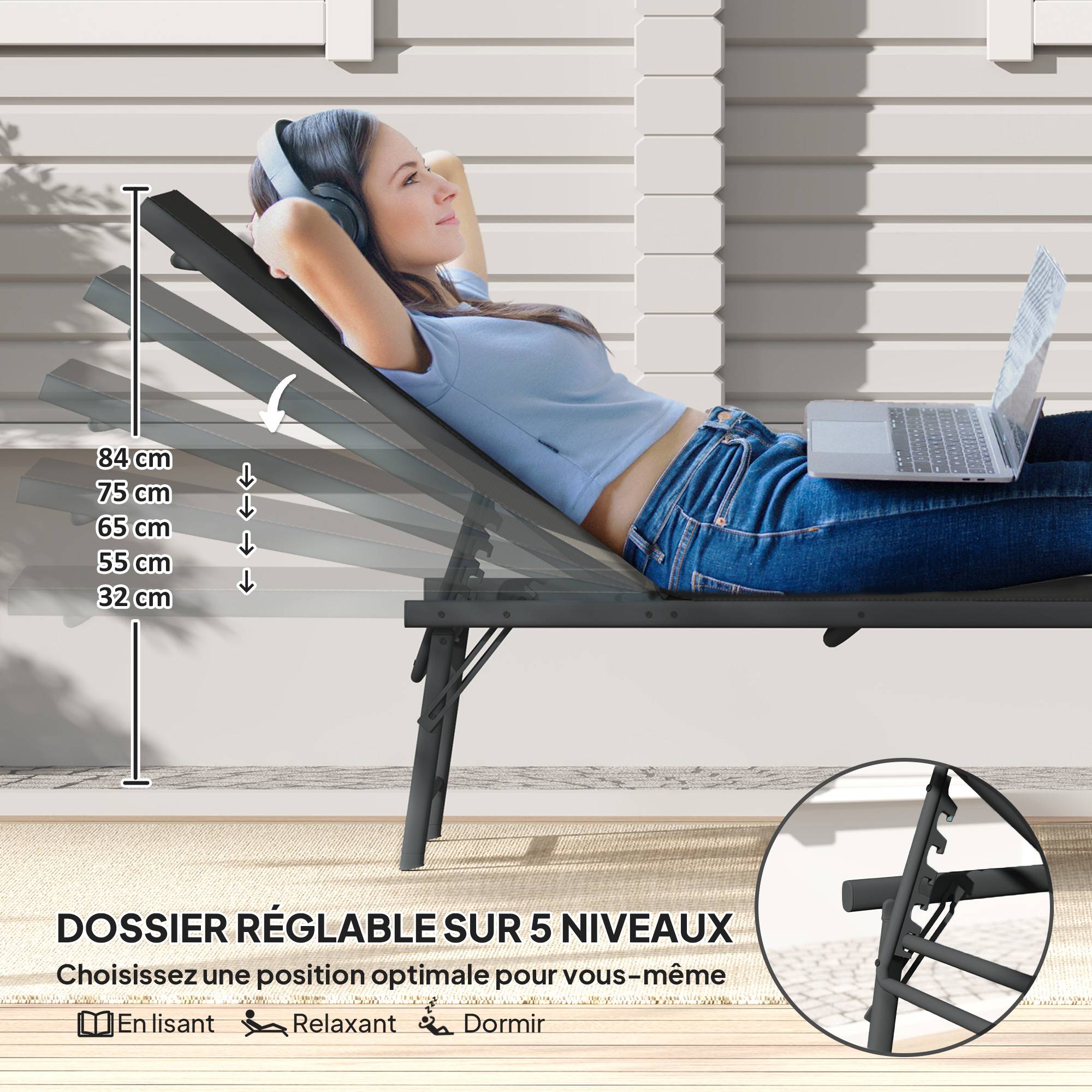 Lot de 2 bain de soleil chaise longue pliante textilène transat - 164x54x84cm Métal Noir fr67 - Image 6