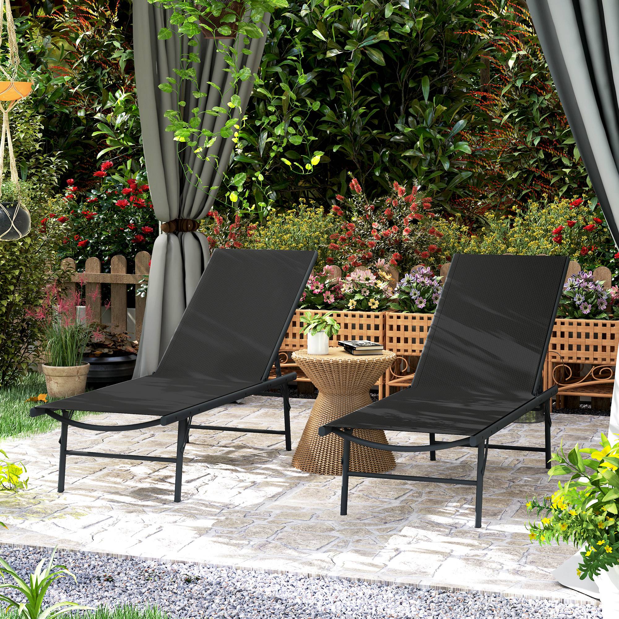 Lot de 2 bain de soleil chaise longue pliante textilène transat - 164x54x84cm Métal Noir fr67 - Image 3