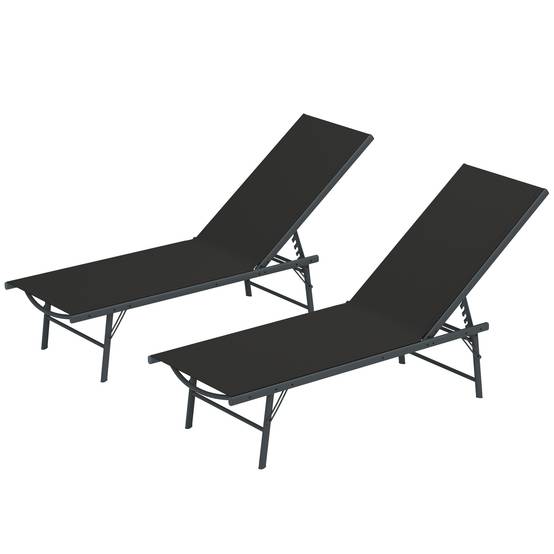 Lot de 2 bain de soleil chaise longue pliante textilène transat - 164x54x84cm Métal Noir fr67 - Image 2