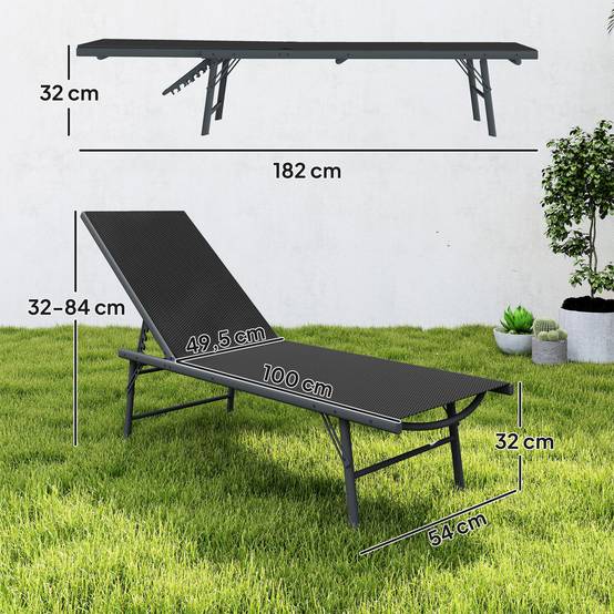 Lot de 2 bain de soleil chaise longue pliante textilène transat - 164x54x84cm Métal Noir fr67 - Image 5