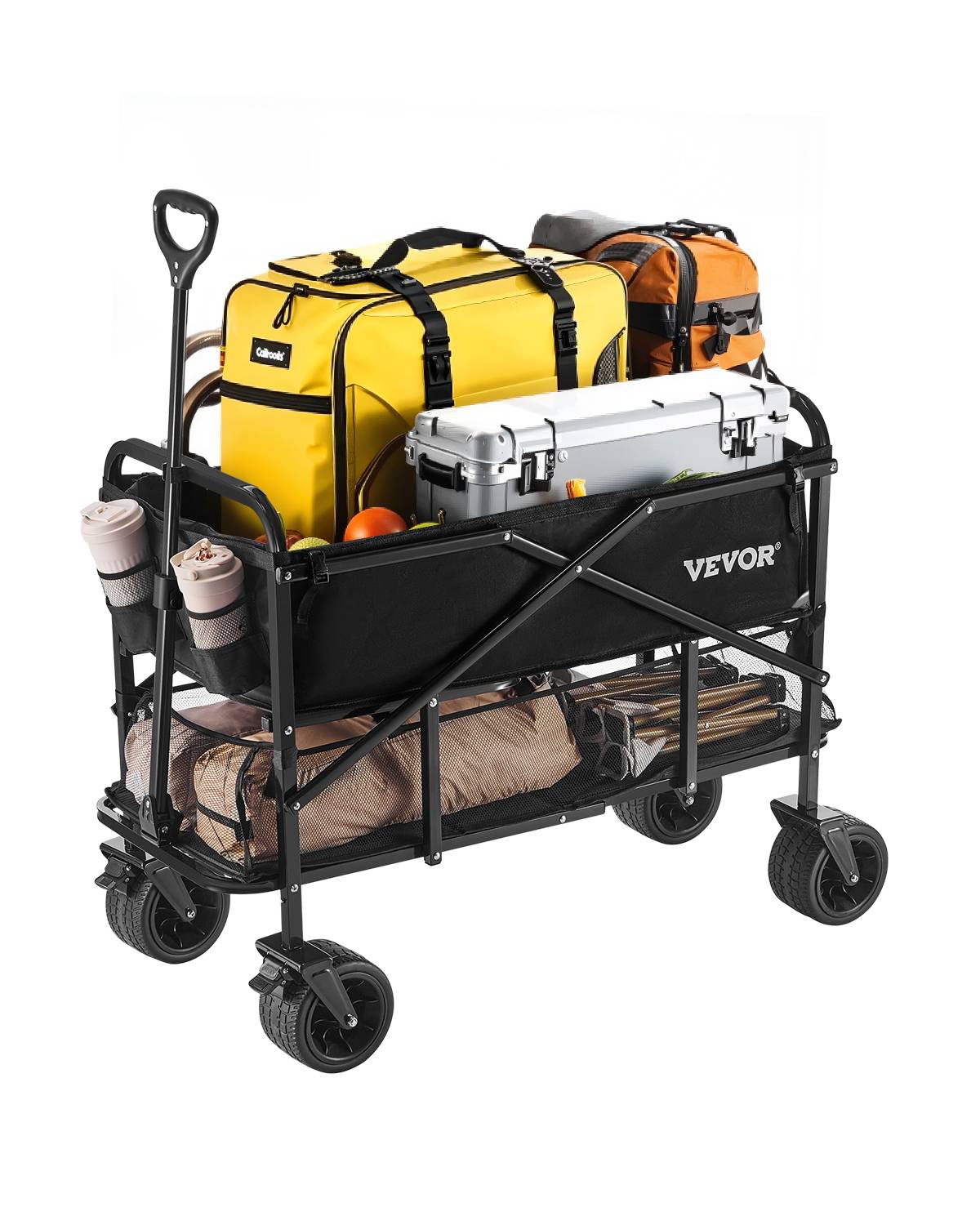 VEVOR Chariot jardin pliable 300 L, 2 niveaux, capacité 204.12 kg, roues tout-terrain, pour extérieur, camping.