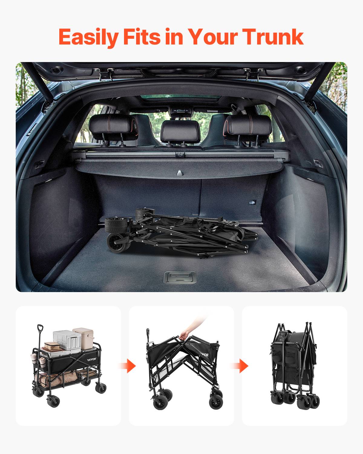 VEVOR Chariot jardin pliable 300 L, 2 niveaux, capacité 204.12 kg, roues tout-terrain, pour extérieur, camping. - Image 4
