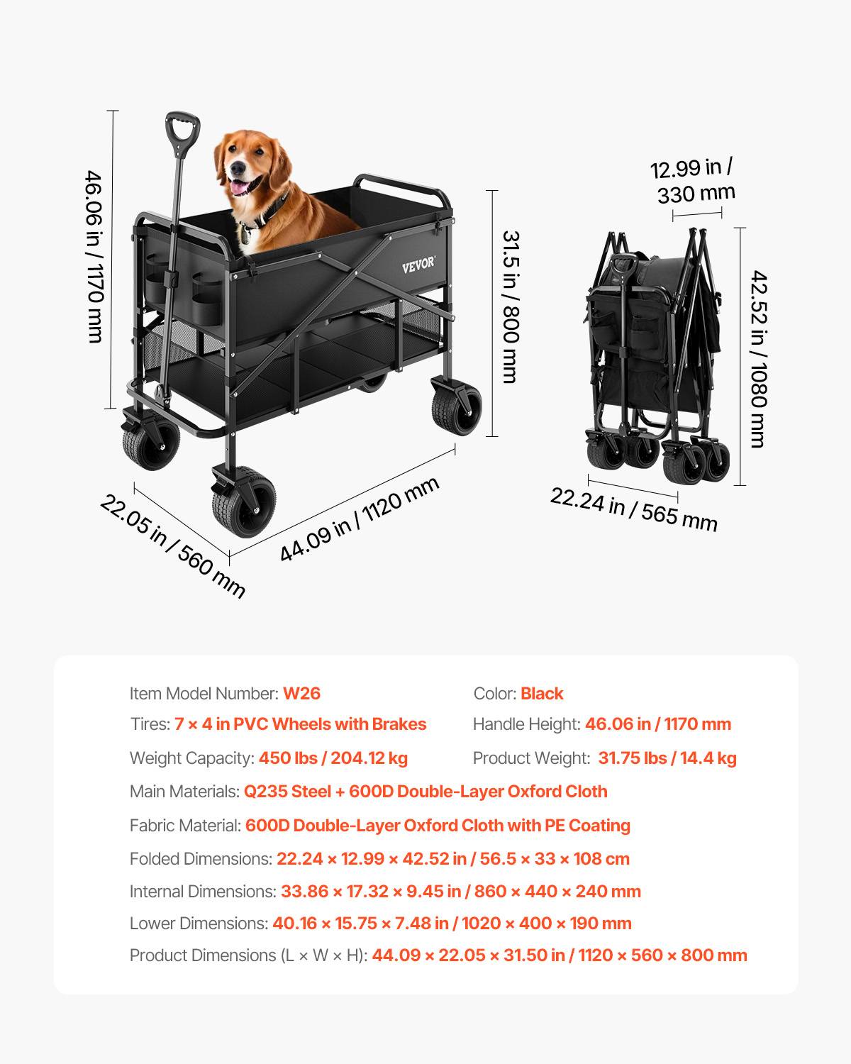 VEVOR Chariot jardin pliable 300 L, 2 niveaux, capacité 204.12 kg, roues tout-terrain, pour extérieur, camping. - Image 7
