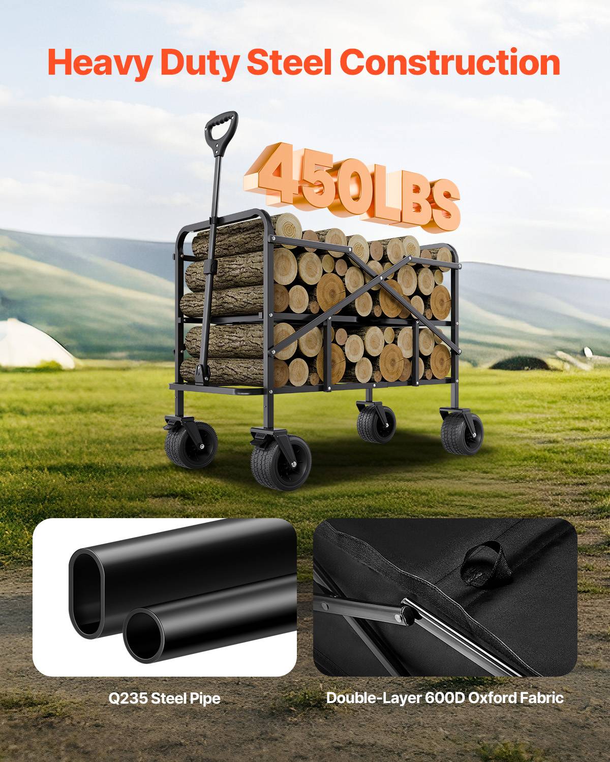 VEVOR Chariot jardin pliable 300 L, 2 niveaux, capacité 204.12 kg, roues tout-terrain, pour extérieur, camping. - Image 6