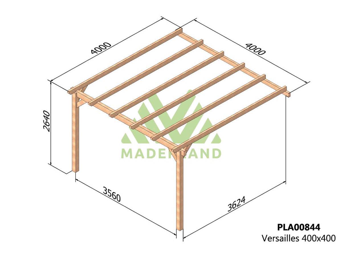 Pergola adossée en lamellé-collé Versailles 400 x 400 cm + 2 supports poteaux - Maderland - Image 3