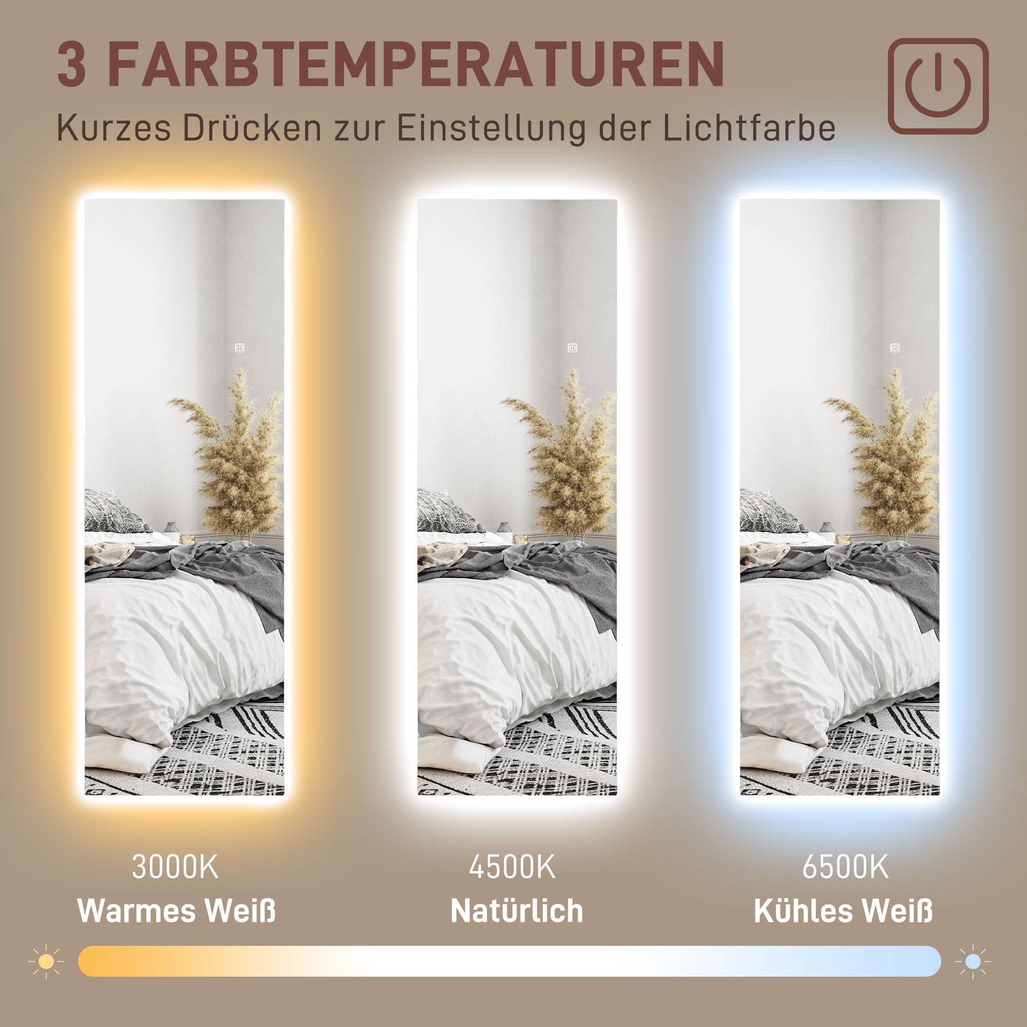 Miroir Mural LED 40x120cm Verre Trempé Tactile 3 Couleurs Dimmable Chambre - ComfortXL Outdoor Living - Image 5