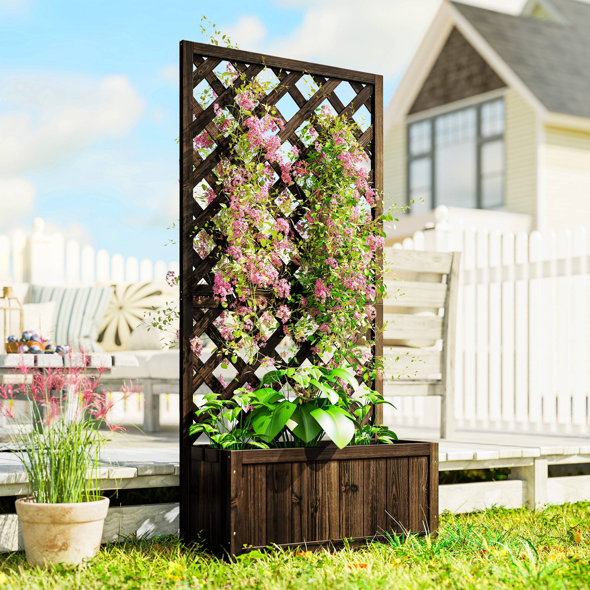 Jardinière treillis en bois, pot de fleurs de jardin avec support pour plantes grimpantes, 72,5 x 31,5 x 149,5 cm, carbonisé - Image 3