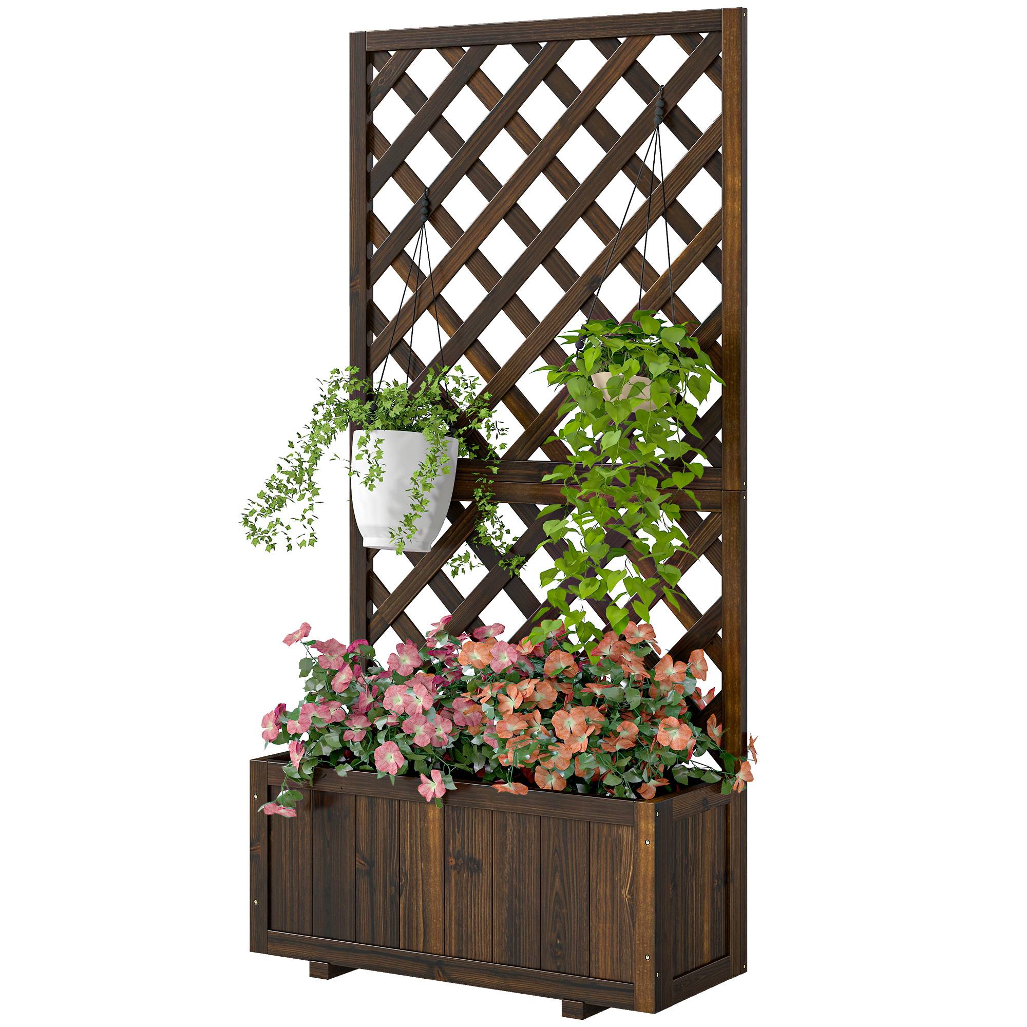 Jardinière treillis en bois, pot de fleurs de jardin avec support pour plantes grimpantes, 72,5 x 31,5 x 149,5 cm, carbonisé - Image 2