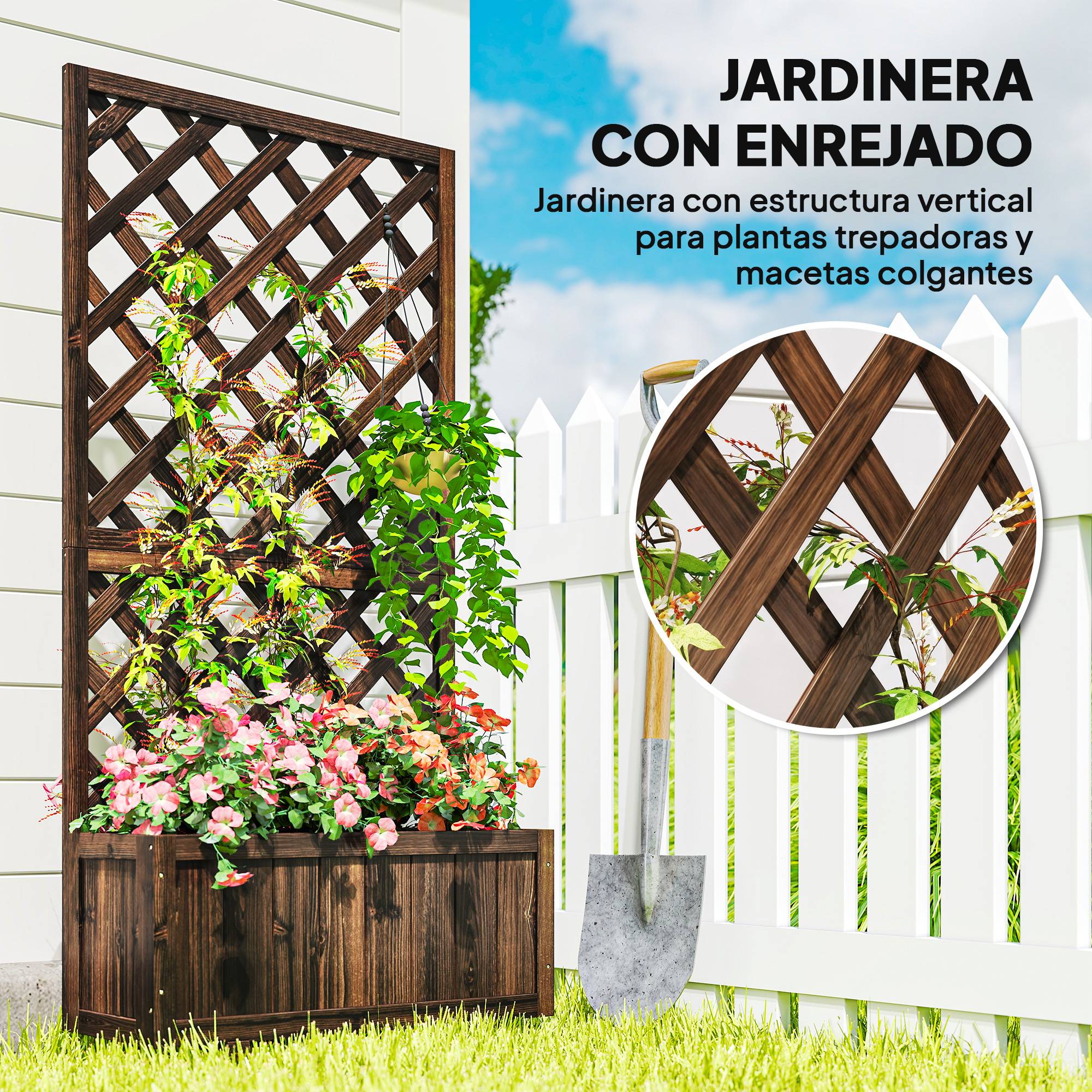 Jardinière treillis en bois, pot de fleurs de jardin avec support pour plantes grimpantes, 72,5 x 31,5 x 149,5 cm, carbonisé - Image 6
