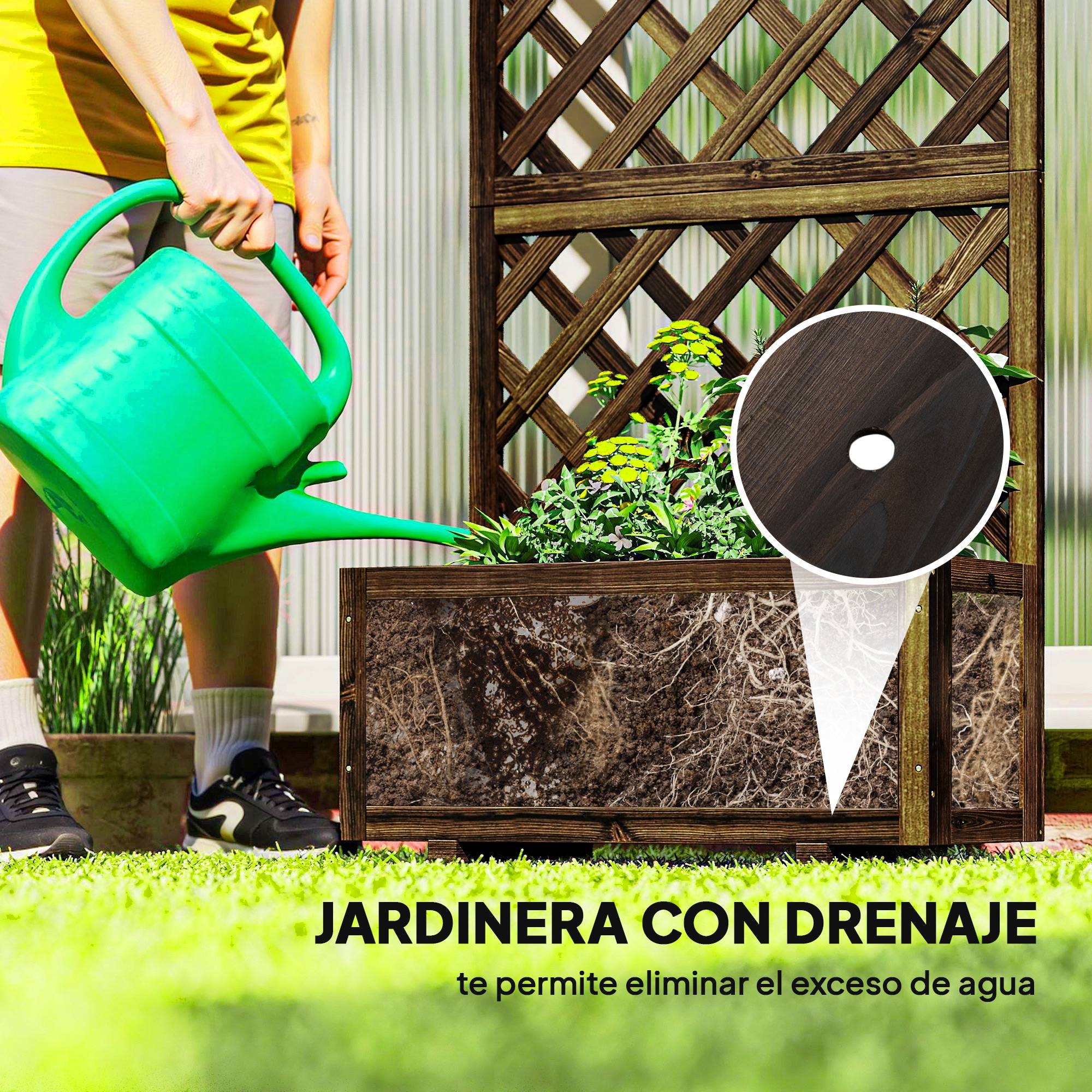 Jardinière treillis en bois, pot de fleurs de jardin avec support pour plantes grimpantes, 72,5 x 31,5 x 149,5 cm, carbonisé - Image 7