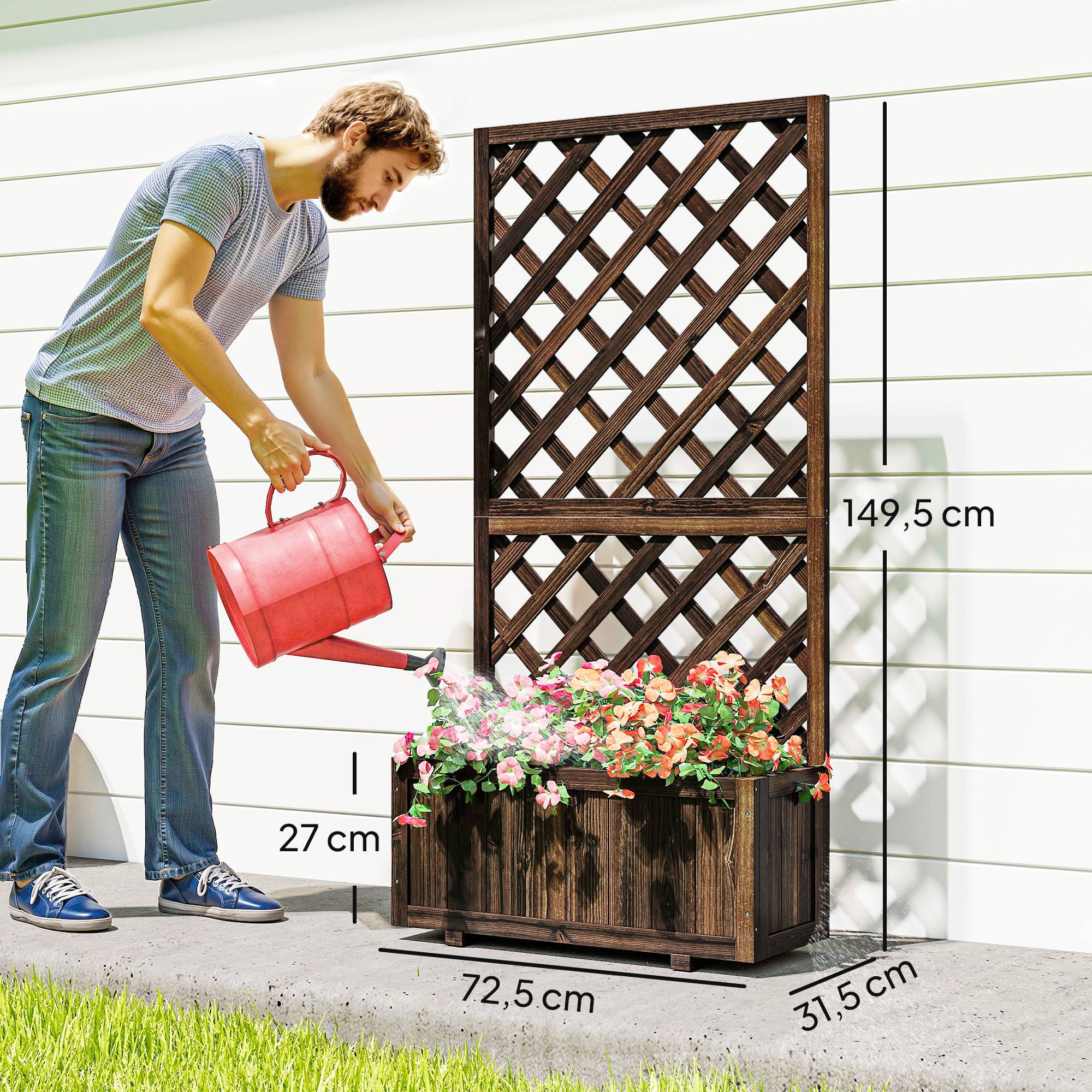 Jardinière treillis en bois, pot de fleurs de jardin avec support pour plantes grimpantes, 72,5 x 31,5 x 149,5 cm, carbonisé - Image 5