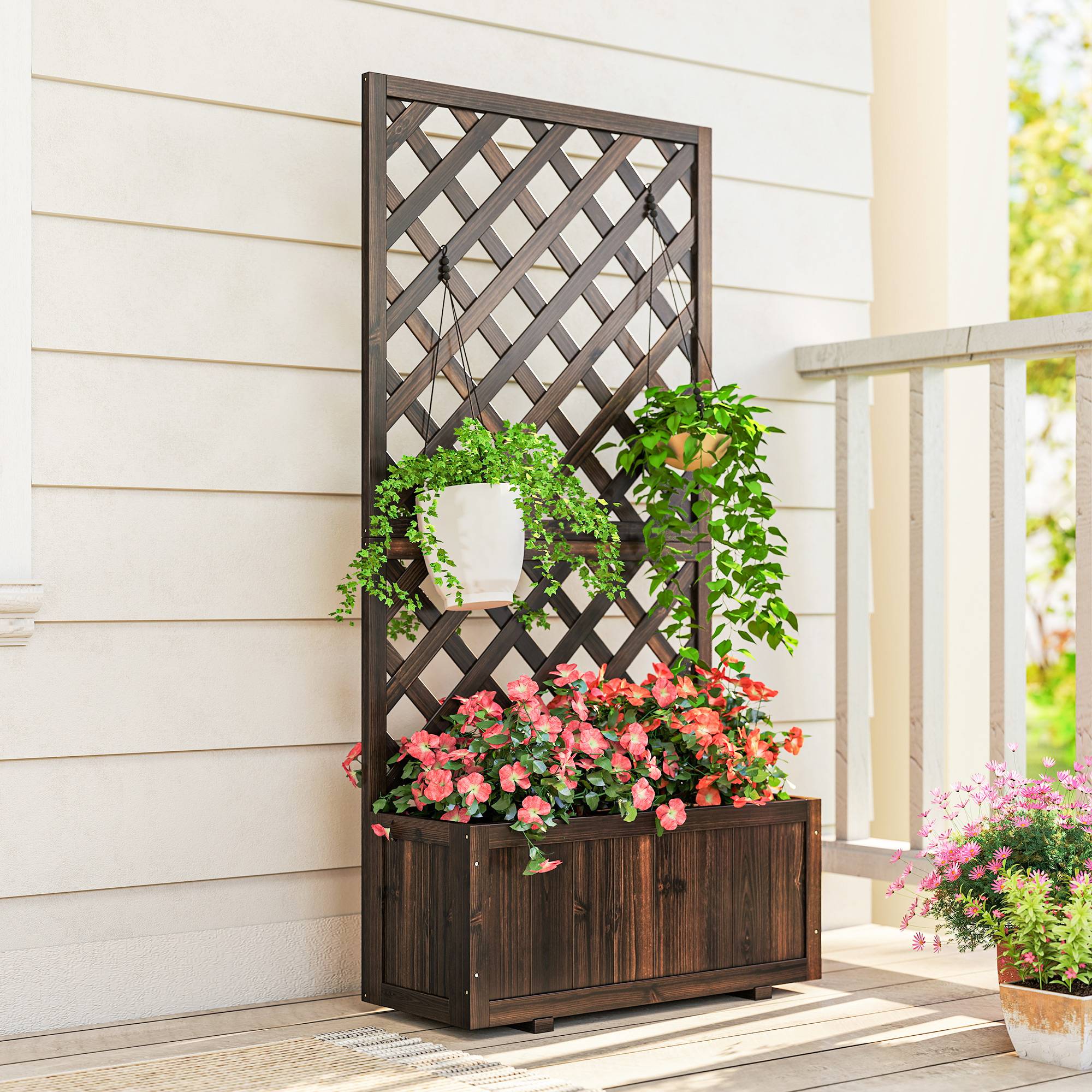 Jardinière treillis en bois, pot de fleurs de jardin avec support pour plantes grimpantes, 72,5 x 31,5 x 149,5 cm, carbonisé - Image 10