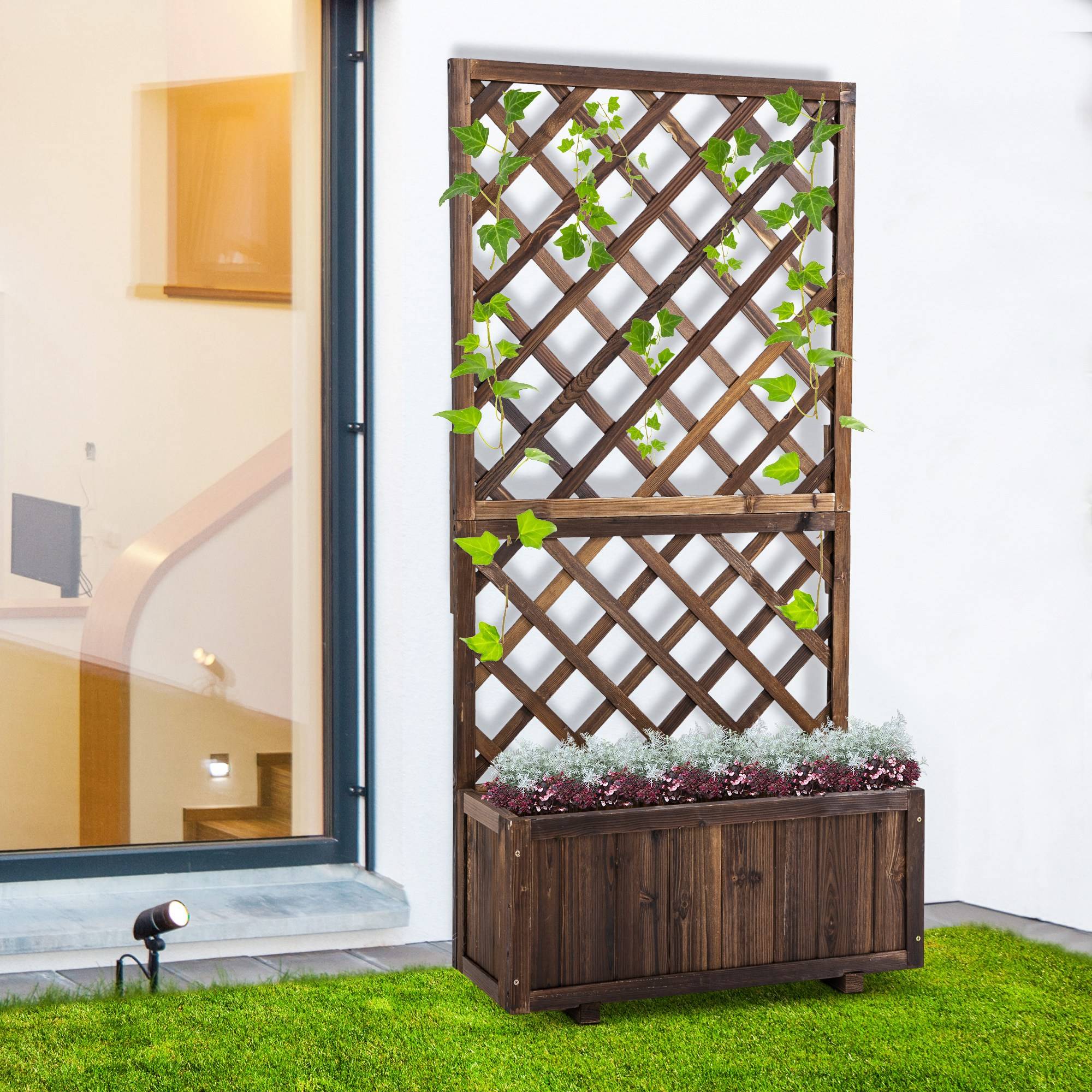 Jardinière treillis en bois, pot de fleurs de jardin avec support pour plantes grimpantes, 72,5 x 31,5 x 149,5 cm, carbonisé - Image 4