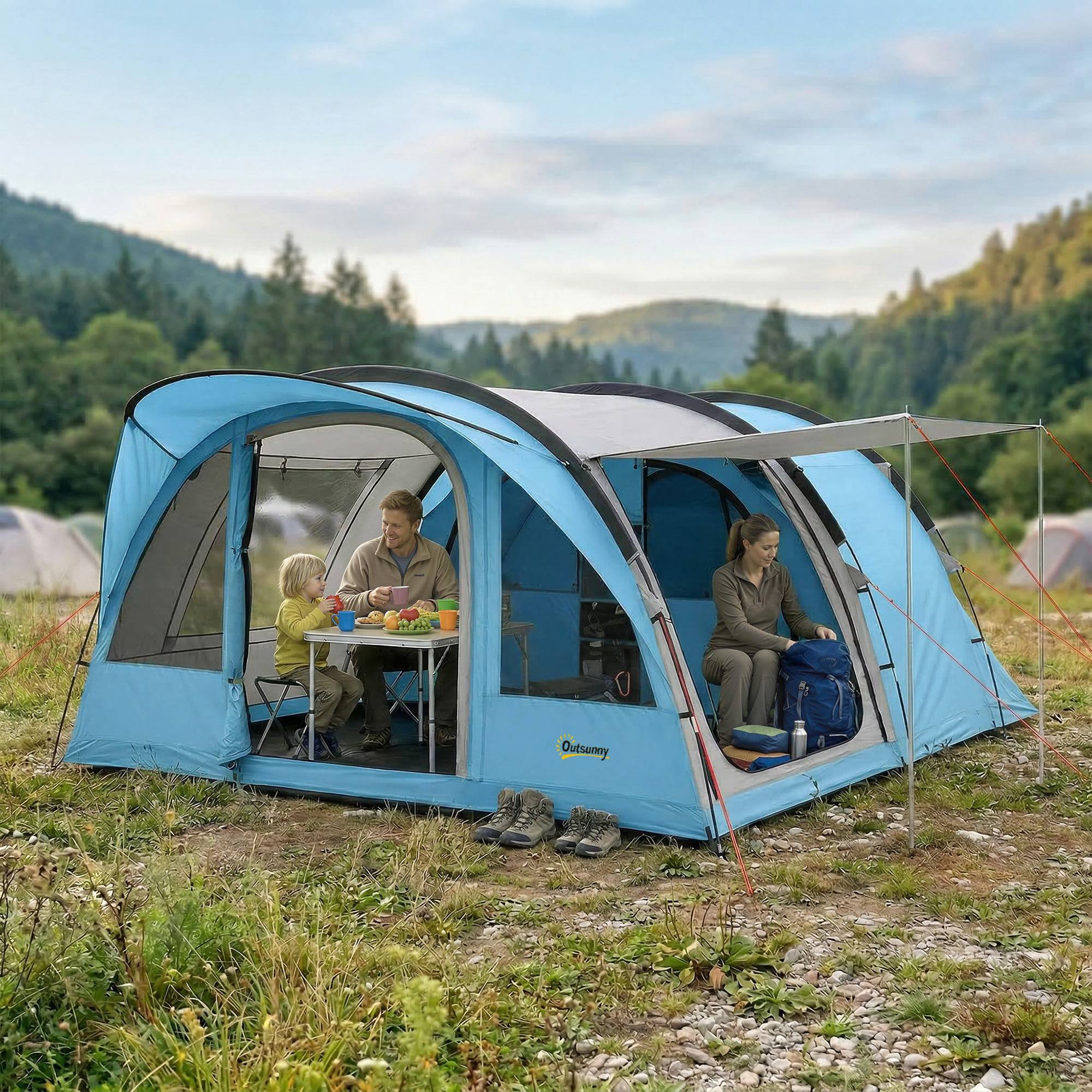 Sans Marque - Tente tunnel 4 pers., familiale, cabine, auvent, cloison amovible, fenêtres, tapis sol, hauteur debout - Image 3