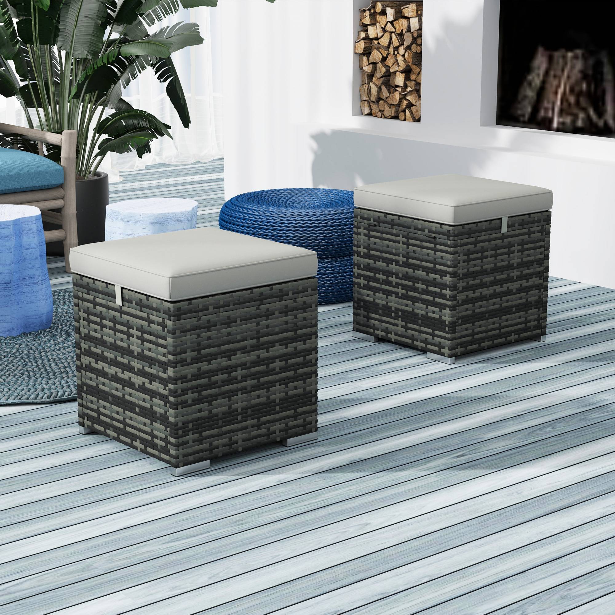 Lot de 2 tabourets de jardin avec rangement rotin PE gris clair 40 x 40 x 41 cm - PANGIVO - Image 4