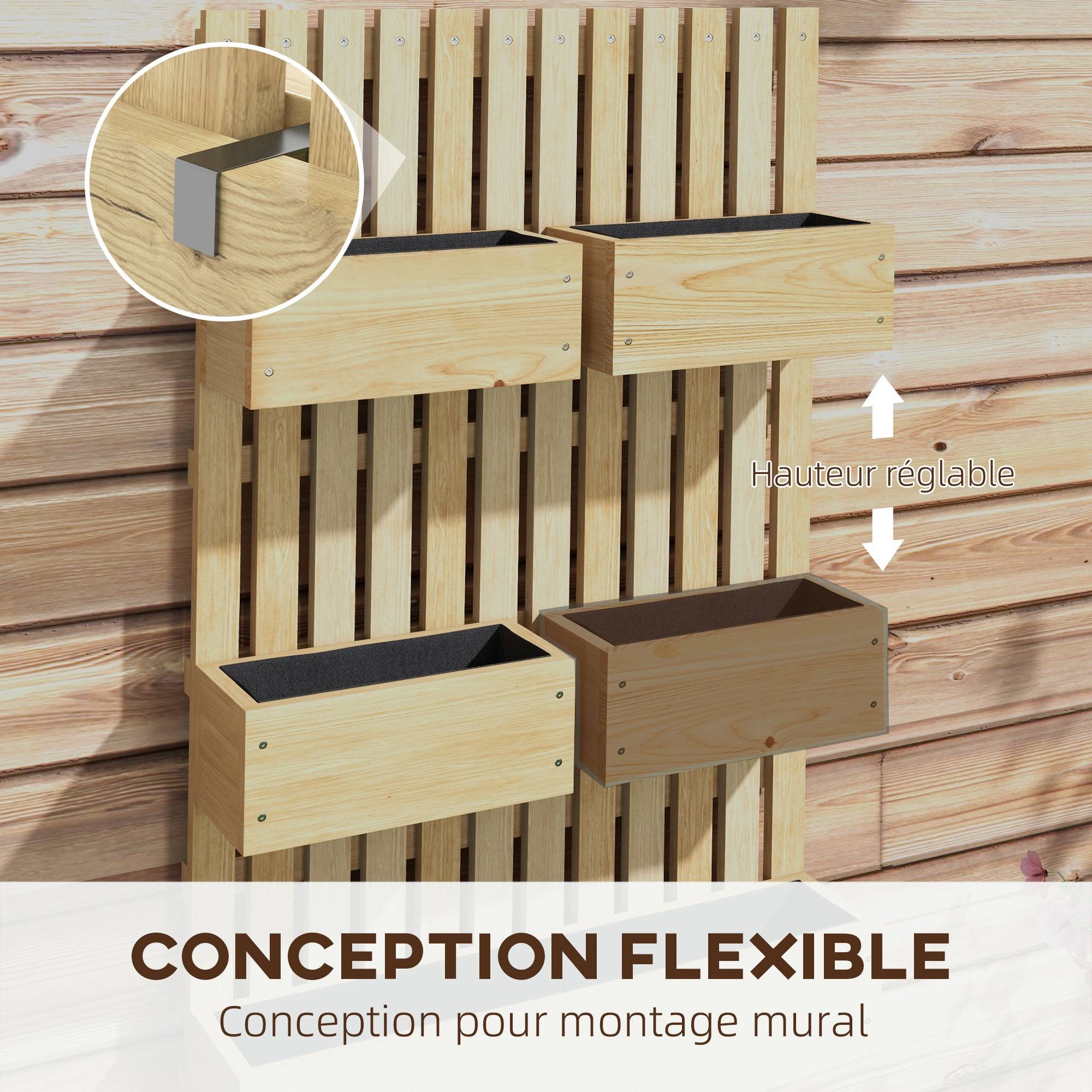 Jardinière Murale en Bois Massif avec Treillis et 5 Bacs Amovibles 60x100 cm Bois Naturel - ComfortXL Outdoor Living - Image 7
