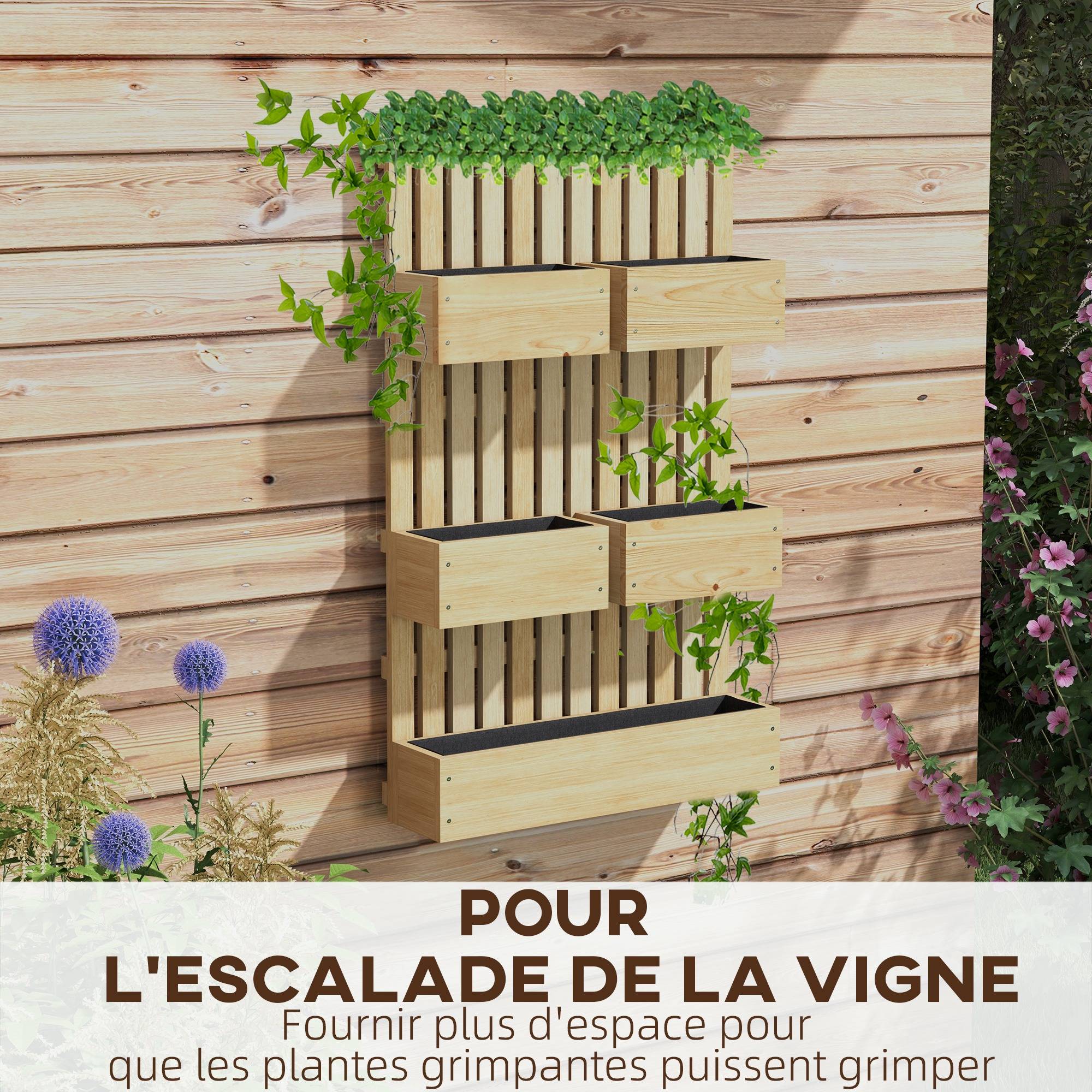 Jardinière Murale en Bois Massif avec Treillis et 5 Bacs Amovibles 60x100 cm Bois Naturel - ComfortXL Outdoor Living - Image 6