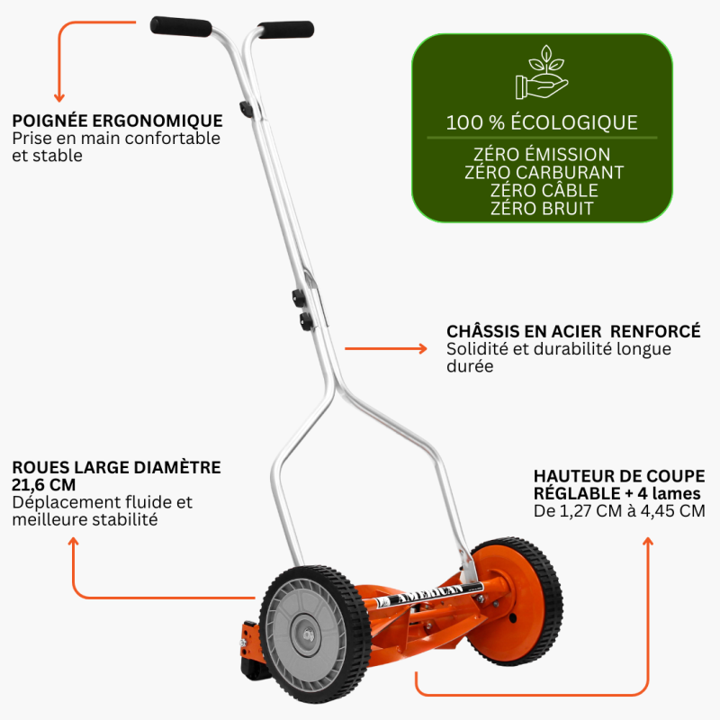 Tondeuse Manuelle Hélicoïdale Gazon 4 Lames 35 cm | Hauteur Réglable 1,27 à 4,45 cm Coupe Précise - VENTEO - Image 2