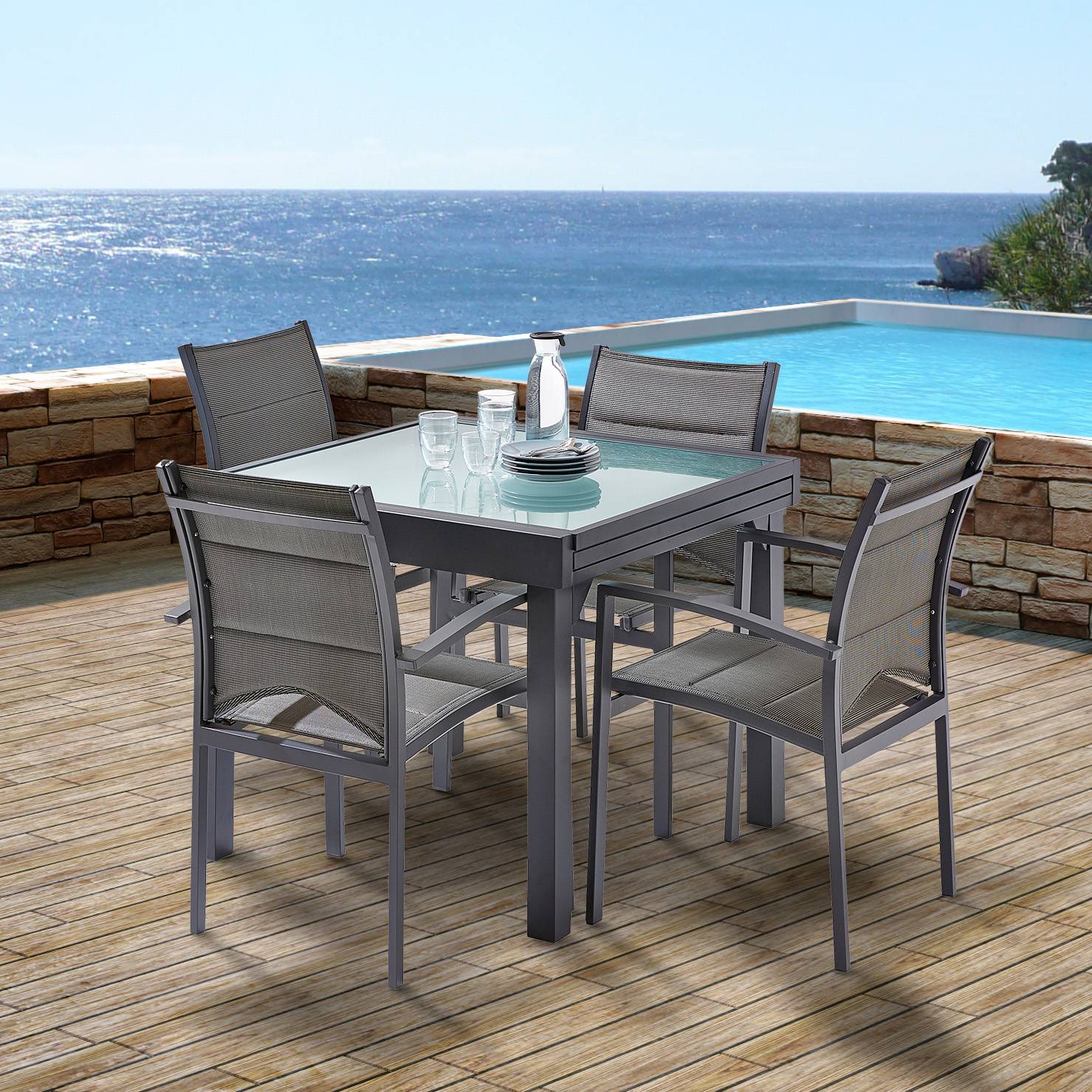 Wilsa Garden - Ensemble MODULO 4/8p en aluminium gris et verre modulable et 4 fauteuils aluminium et assise en textilène - Image 2