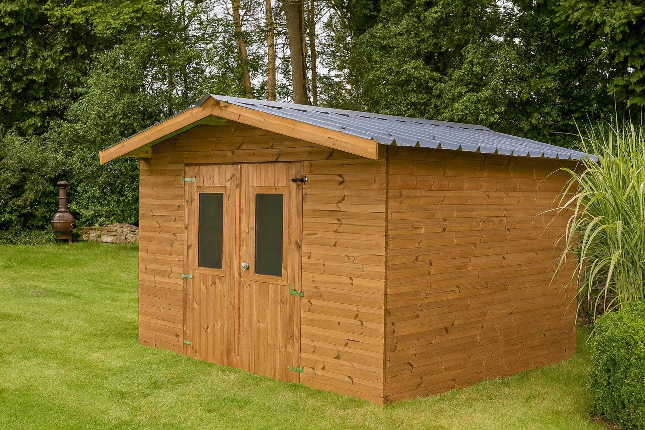 Habrita - Abri madriers bois massif traite très haute temperature 26 mm Surface exterieure 9,24 m2 Toit double pente bac acier  Fabrique en France