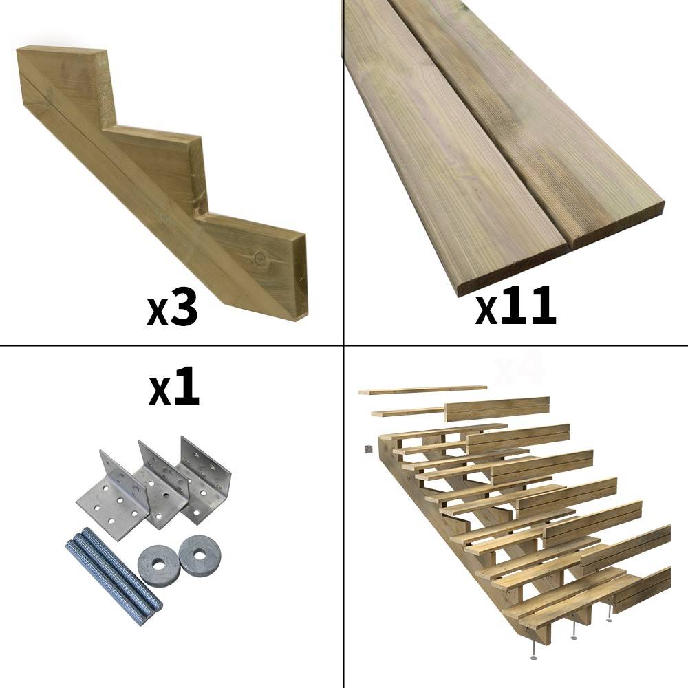 Escalier Bois Exterieur - 7 Marches Pleines - Largeur : 1m20 - Hauteur : 1m19 - Avec Contremarches - Pin du Nord - Image 3