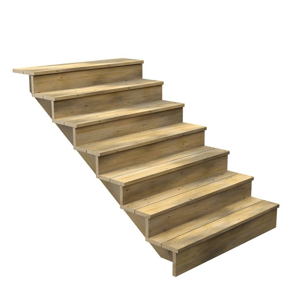 Escalier Bois Exterieur - 7 Marches Pleines - Largeur : 1m20 - Hauteur : 1m19 - Avec Contremarches - Pin du Nord - Image 1