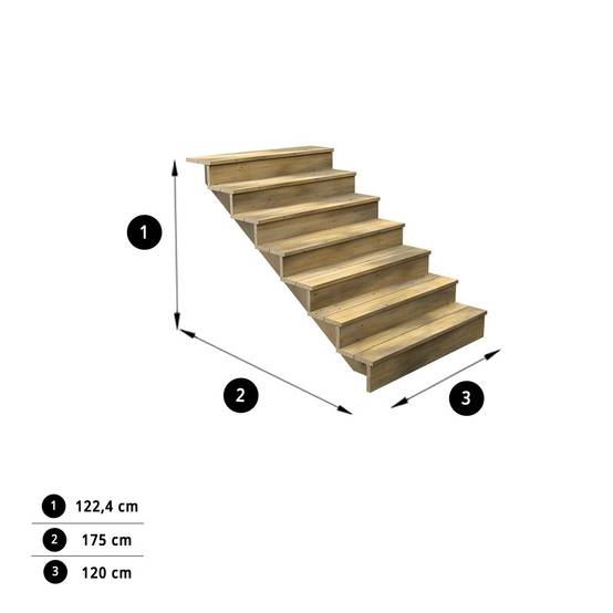 Escalier Bois Exterieur - 7 Marches Pleines - Largeur : 1m20 - Hauteur : 1m19 - Avec Contremarches - Pin du Nord - Image 2