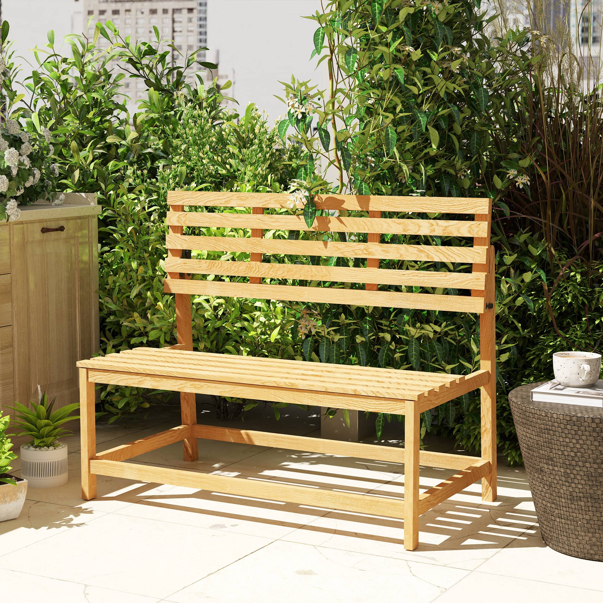 Banc de jardin 2 places en bois, résistant aux intempéries et aux UV, avec dossiers convertibles, 110 x 61 x 89 cm, teck - Image 10