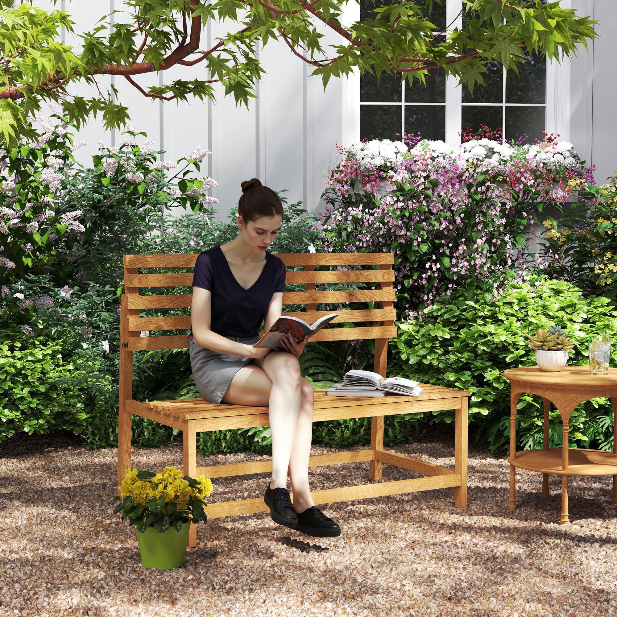 Banc de jardin 2 places en bois, résistant aux intempéries et aux UV, avec dossiers convertibles, 110 x 61 x 89 cm, teck - Image 3