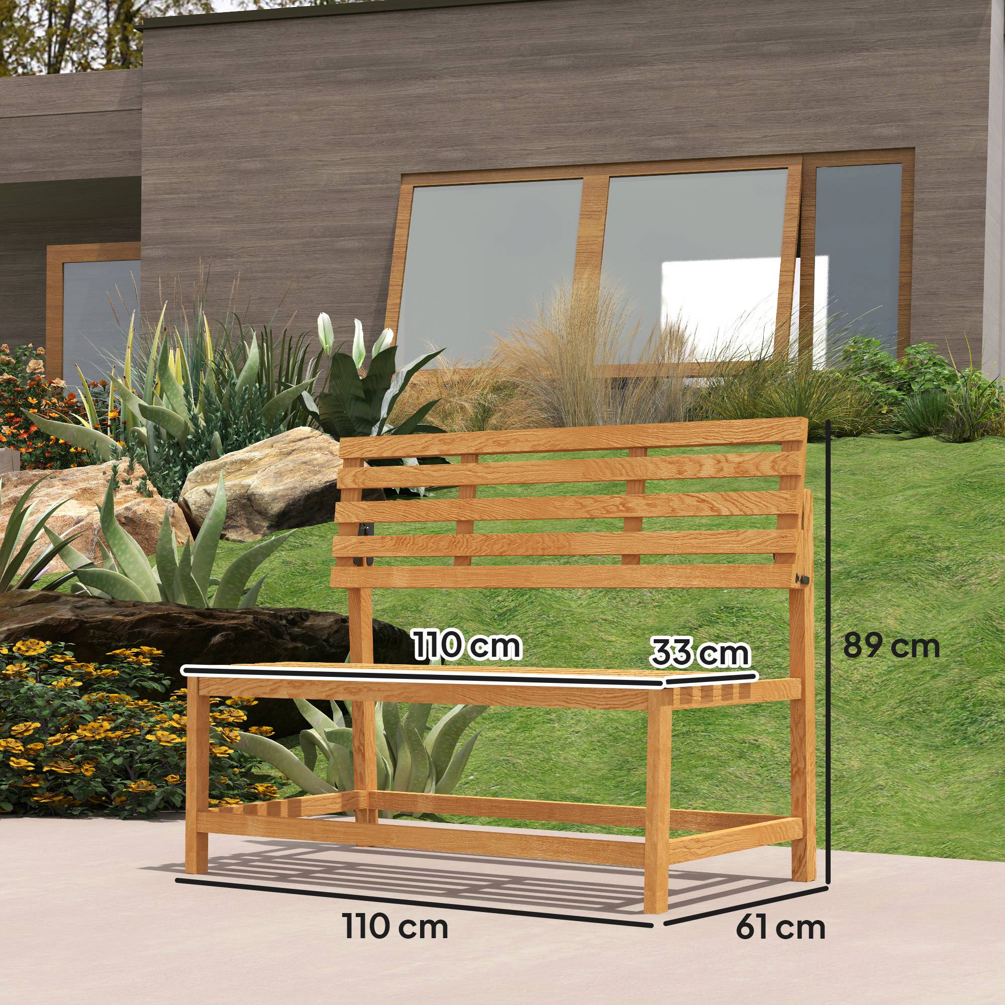 Banc de jardin 2 places en bois, résistant aux intempéries et aux UV, avec dossiers convertibles, 110 x 61 x 89 cm, teck - Image 5