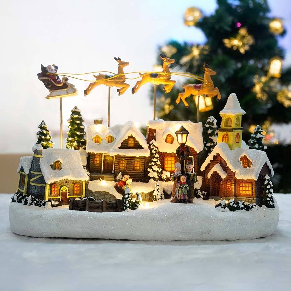 Village de Noël avec traîneau volant animé à piles et lumineux - LA BOUTIQUE - Image 4