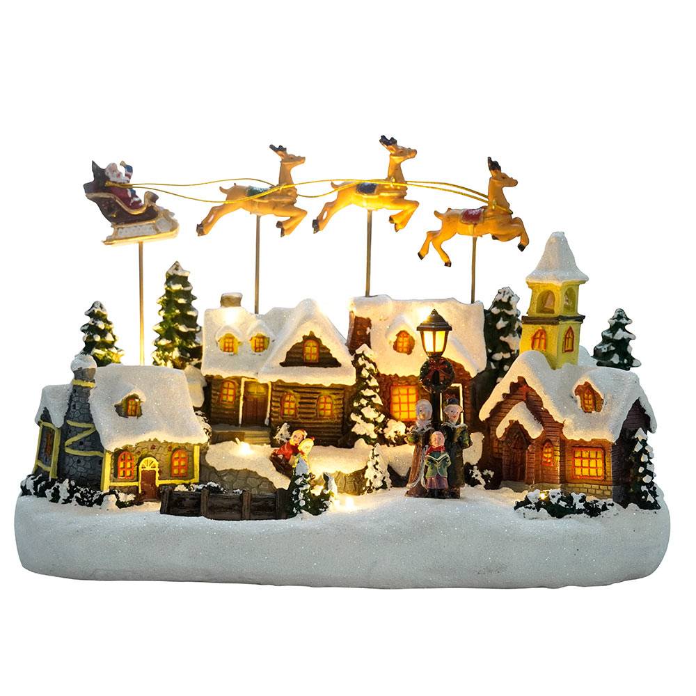 Village de Noël avec traîneau volant animé à piles et lumineux - LA BOUTIQUE - Image 1