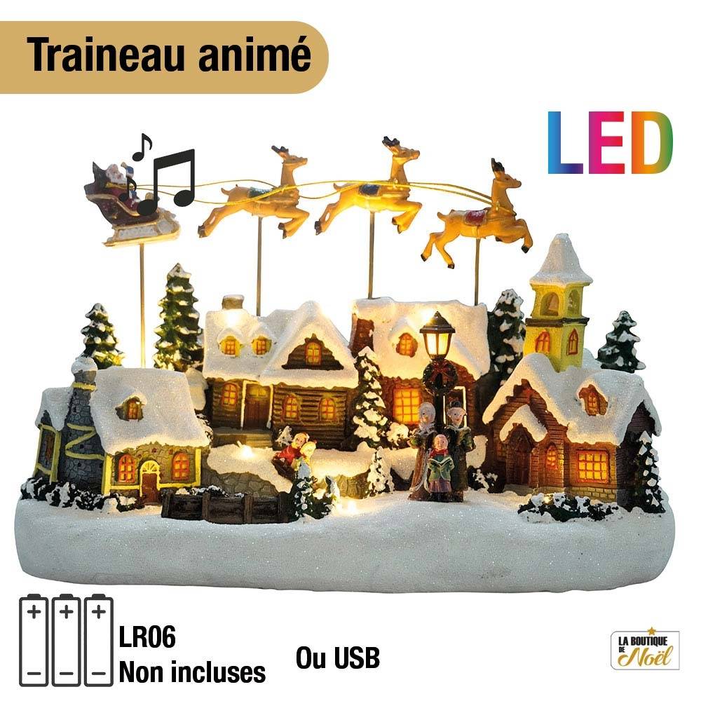 Village de Noël avec traîneau volant animé à piles et lumineux - LA BOUTIQUE - Image 2