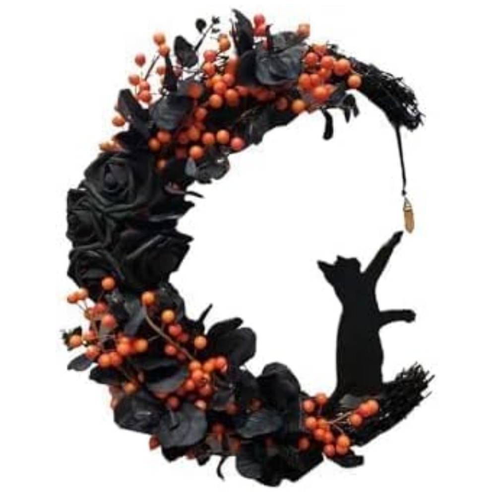 Couronne Halloween Chat Noir - Décoration Porte 35 cm - Élégante et Effrayante - Living123 - Image 1