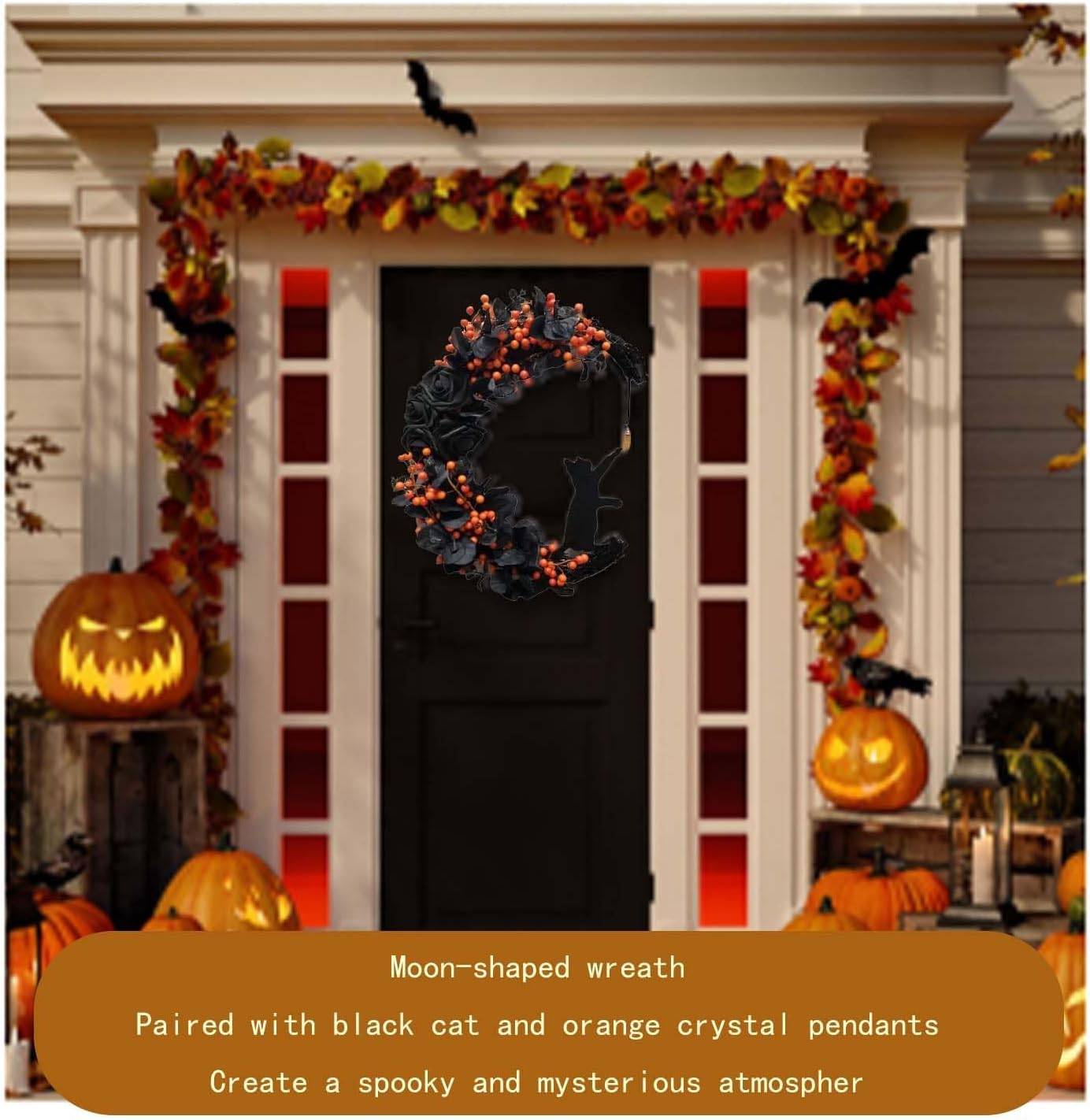 Couronne Halloween Chat Noir - Décoration Porte 35 cm - Élégante et Effrayante - Living123 - Image 4
