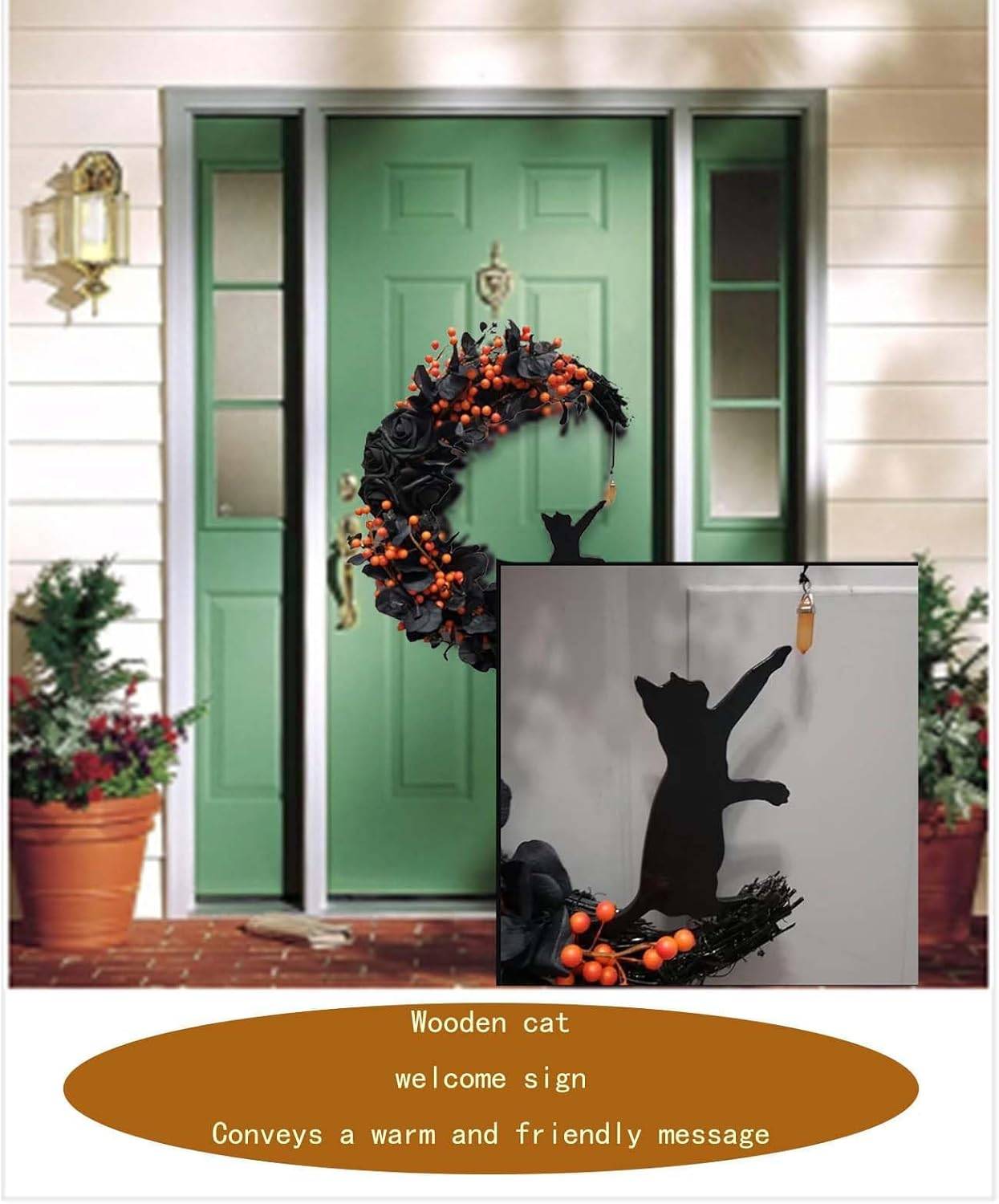 Couronne Halloween Chat Noir - Décoration Porte 35 cm - Élégante et Effrayante - Living123 - Image 2